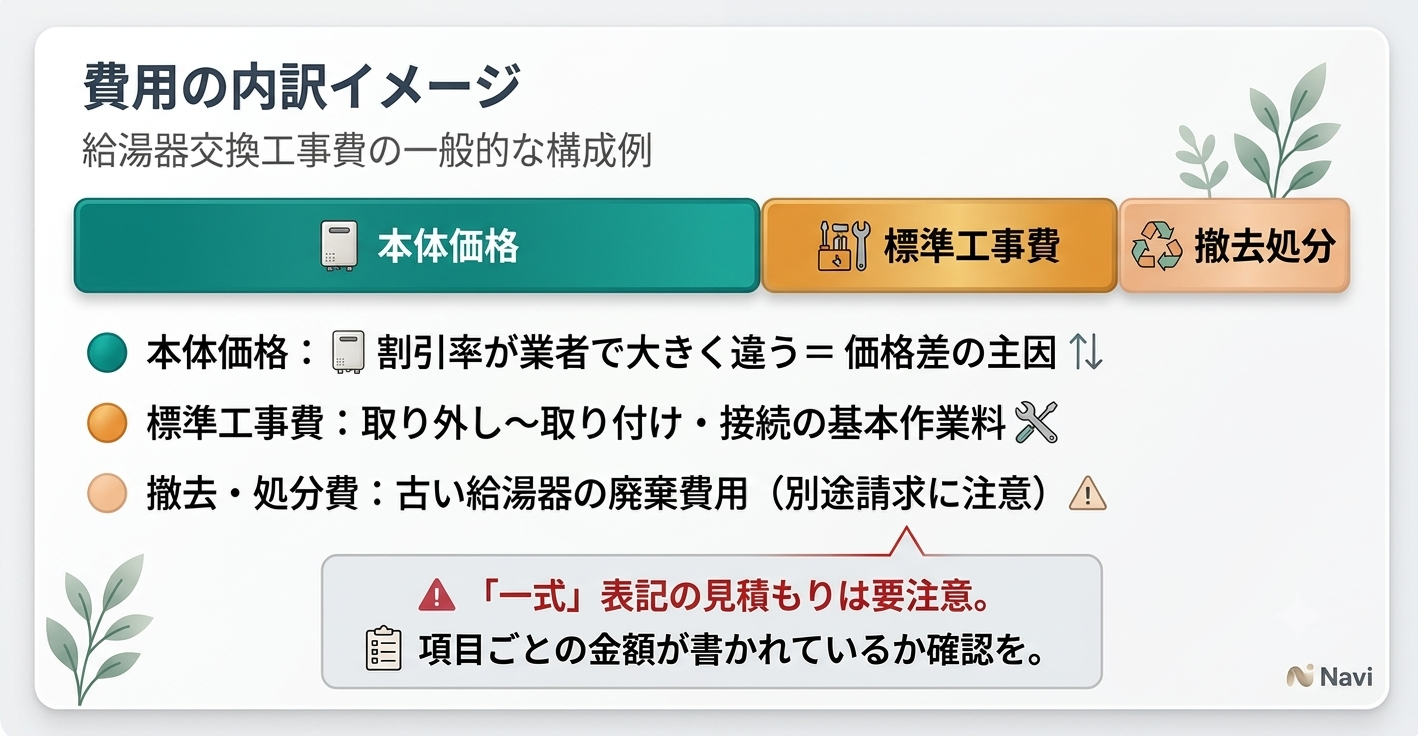 費用の内訳イメージ（本体価格・標準工事費・撤去処分費）