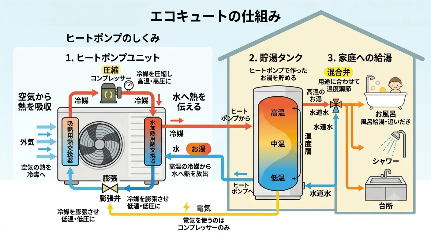 エコキュートの仕組み（ヒートポンプ）：電気1で大気の熱2を汲み上げ、3以上の熱をつくる